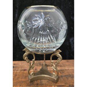 7.5" Cut Crystal Rose Bowl Candle Holder Ornate Brass Stand